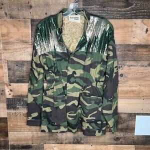 Savanna Jane Sequin Embroidered Floral Camo Jacket Size Small Zip Up  Cinch